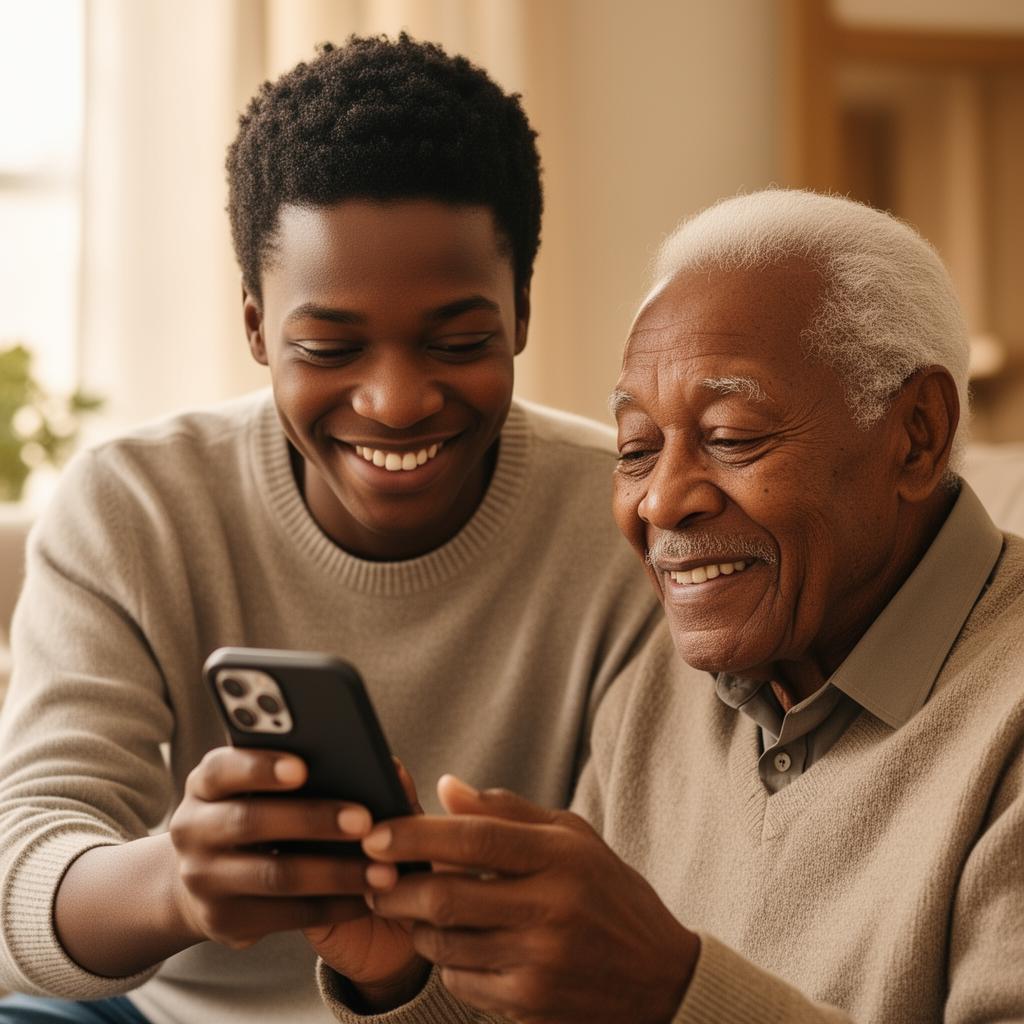 Adult son helping his elderly father with a smartphone reminder